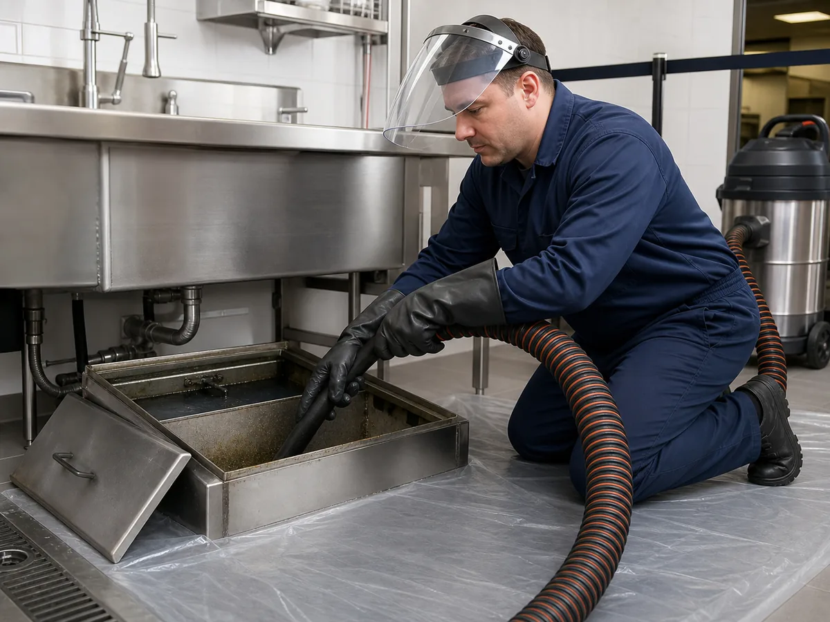 Técnico realizando limpeza de caixa de gordura