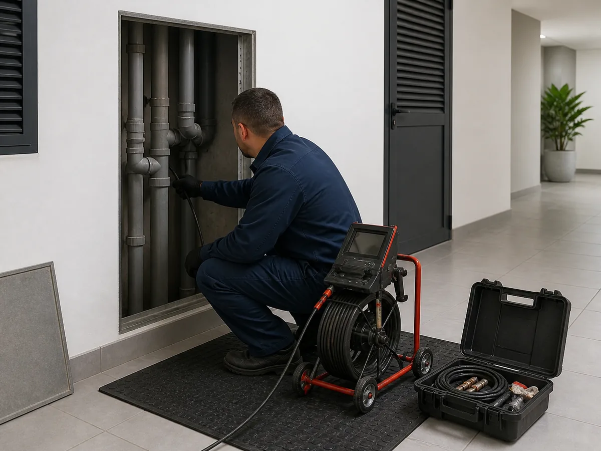 Técnico avaliando coluna e prumada predial