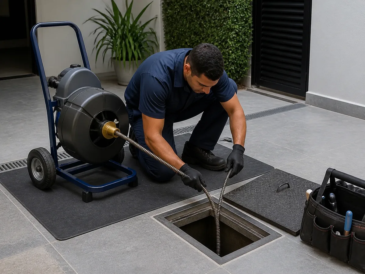 Técnico realizando desentupimento de rede de esgoto com máquina profissional